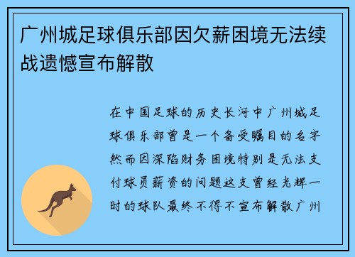 广州城足球俱乐部因欠薪困境无法续战遗憾宣布解散 广州城足球俱乐部因欠薪困境无法续战遗憾宣布解散