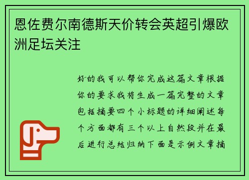 恩佐费尔南德斯天价转会英超引爆欧洲足坛关注